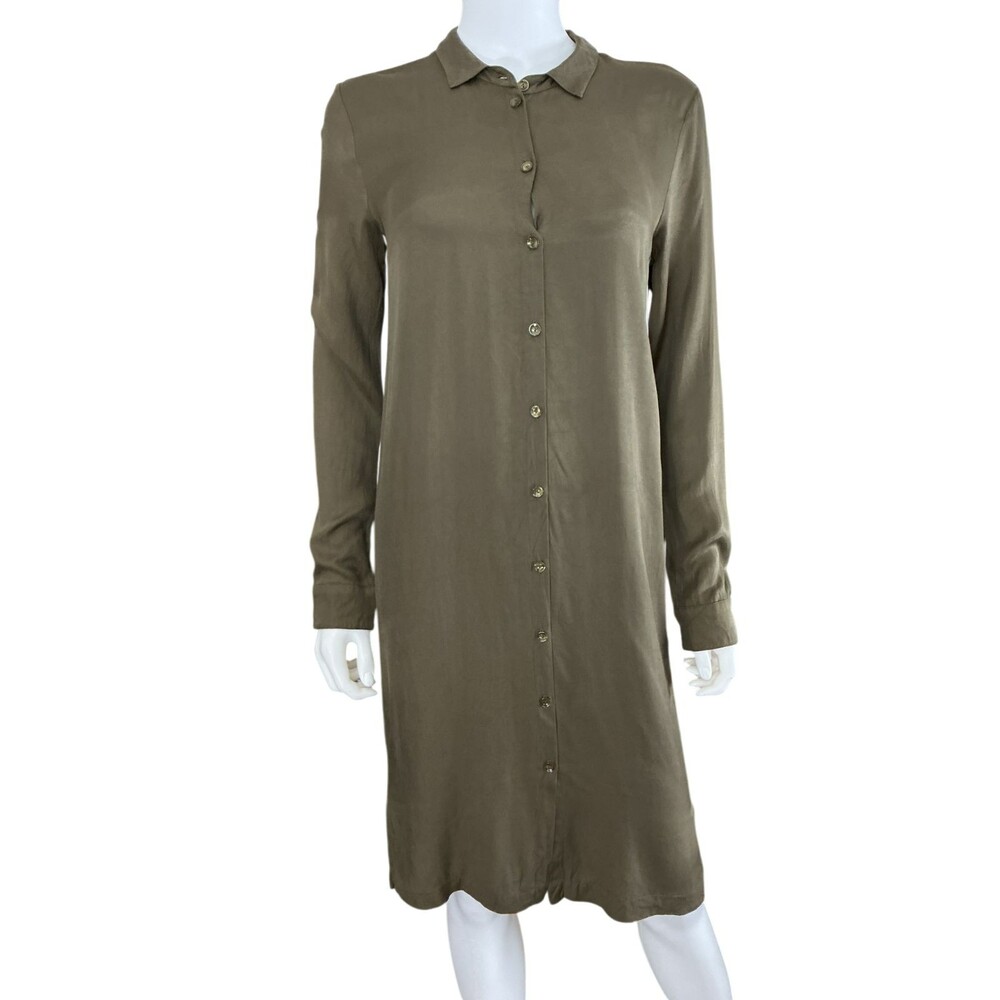 Hanro Button Sleep Shirt sz XS Olive Green Satin Stripe Long Sleeve Switzerland